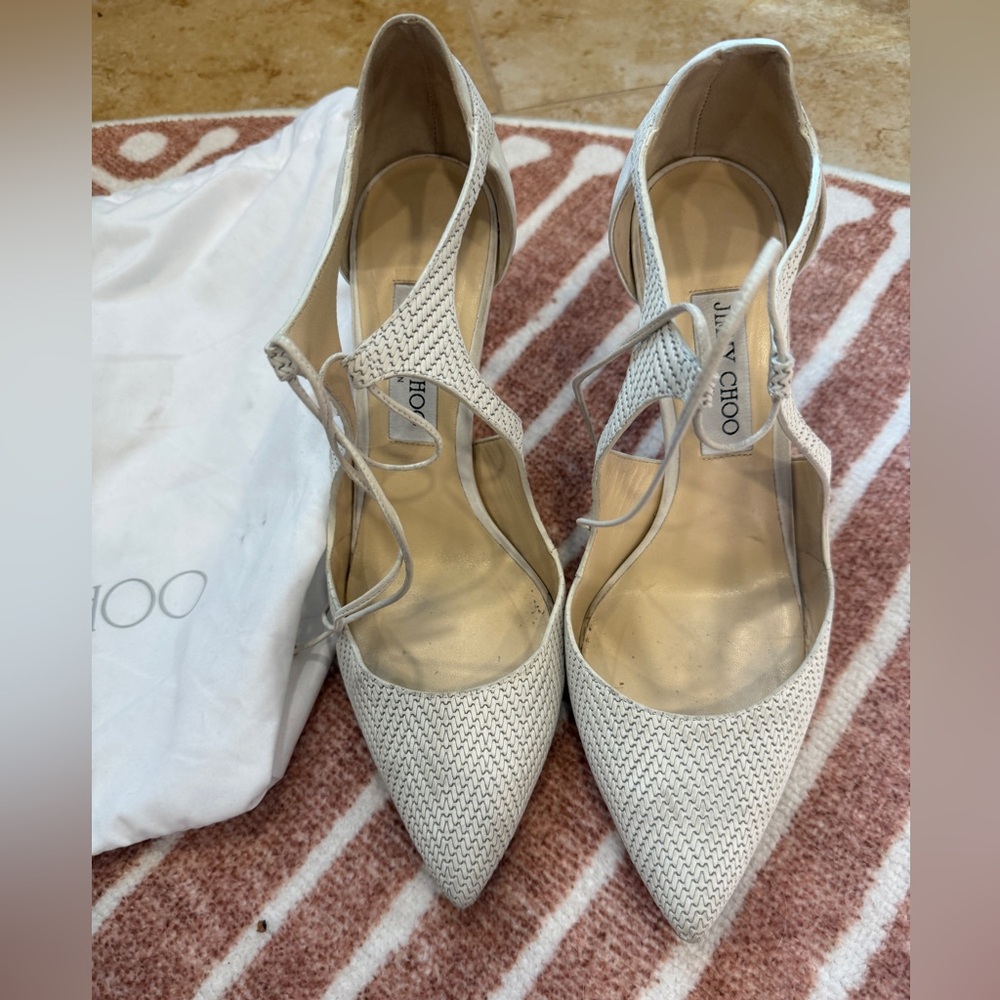 Jimmy Choo Vanessa 85 Tie up Pumps Eggshell Off white Weave Texture